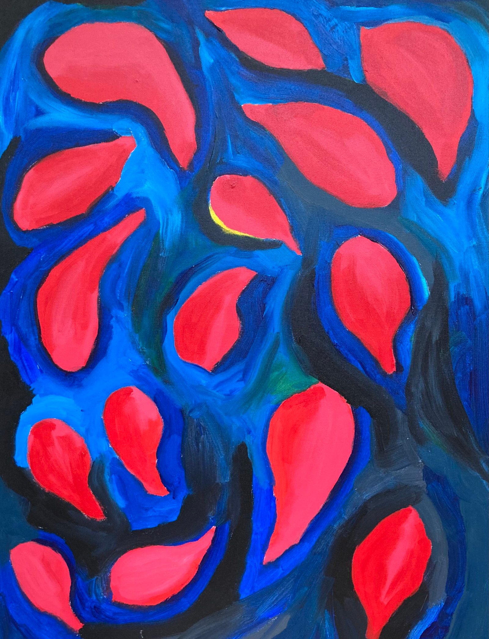 Heading Away by Peter Gregory Morris. Red, petal-like forms move across a field of deep and bright blues. Dark contours and overlapping shapes give the painting a sense of movement, while the contrast between warm red and cool blue creates its visual rhythm.
