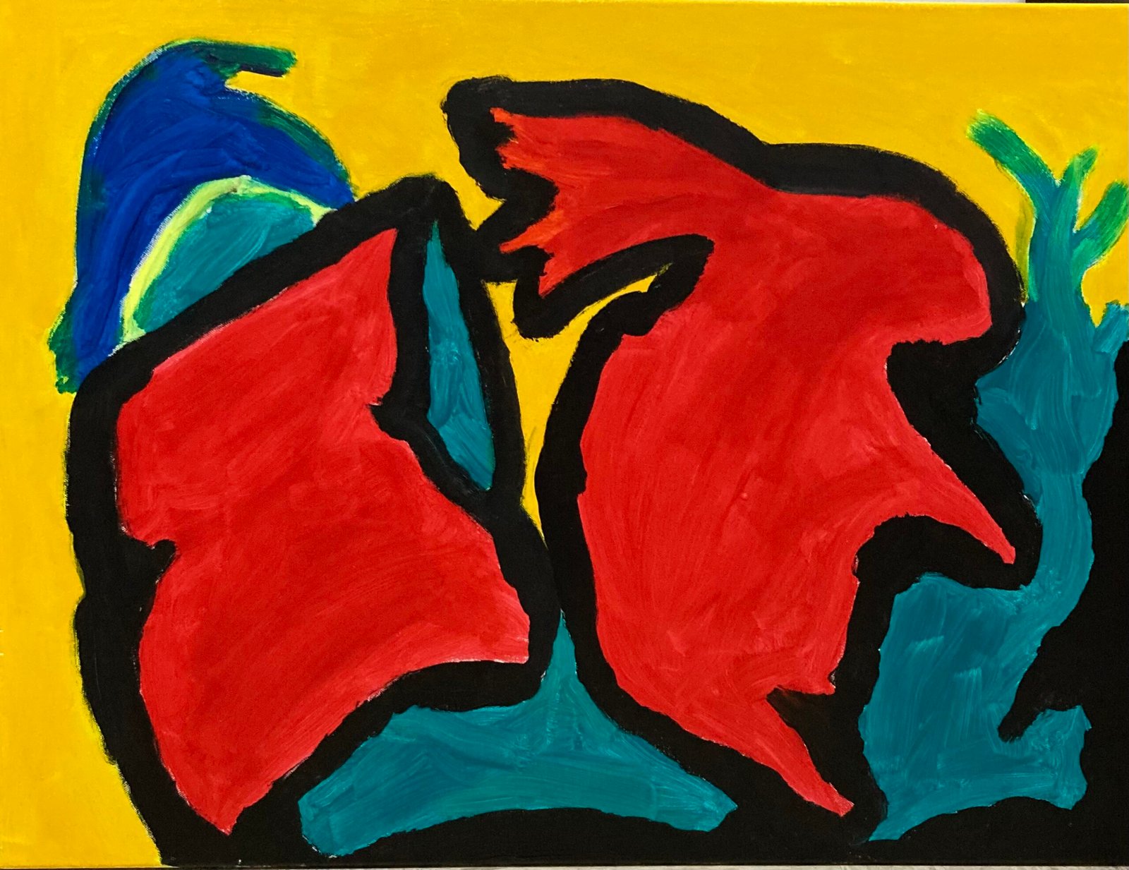 Artwork 05 by Peter Gregory Morris. Two red, animal-like forms face one another against a bright yellow field. Strong dark outlines, green details and areas of blue build a bold composition around the space between the two forms.