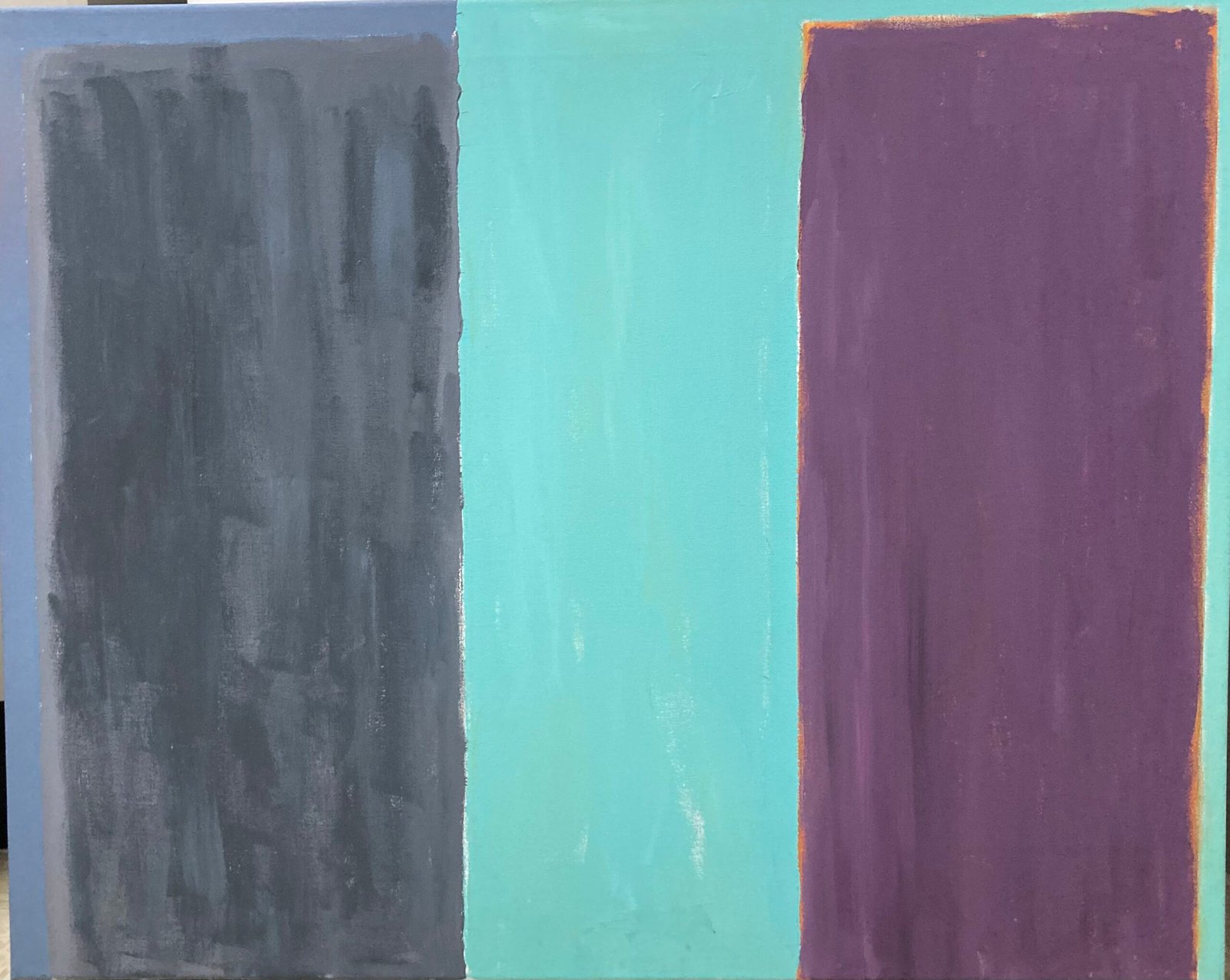 Artwork 02 by Peter Gregory Morris. Three broad vertical areas of grey, turquoise and muted purple divide the canvas. The restrained arrangement brings attention to painted edges, tonal differences and the visible texture of the surface.