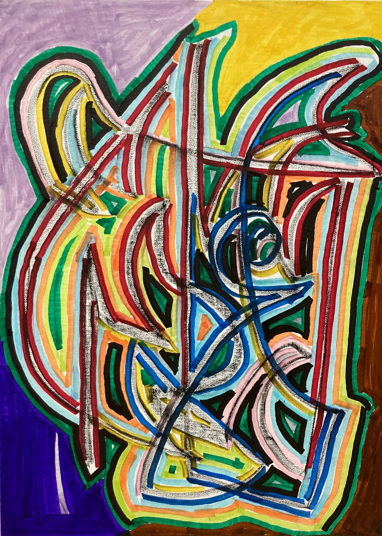 Artwork 06 by Peter Gregory Morris. Interlacing lines form a dense, layered composition of curves, loops and angles. Green, red, yellow and dark outlines move across lighter areas, creating a network of shapes that changes as the eye follows it.